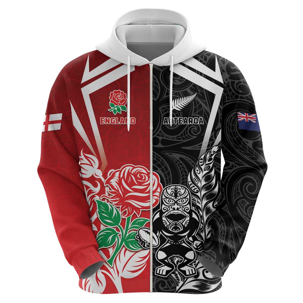 New Zealand And England Rugby Custom Hoodie Maori Tiki With Red Rose Together