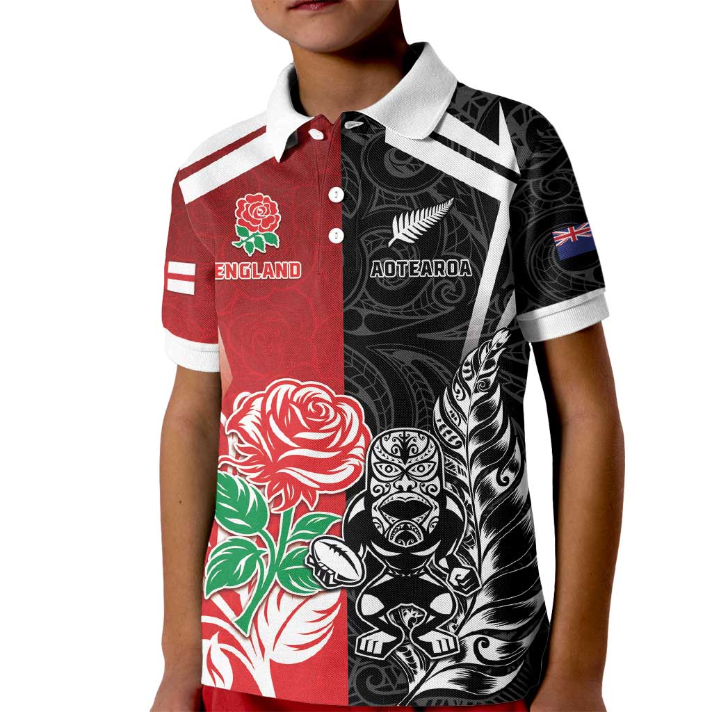 New Zealand And England Rugby Custom Kid Polo Shirt Maori Tiki With Red Rose Together
