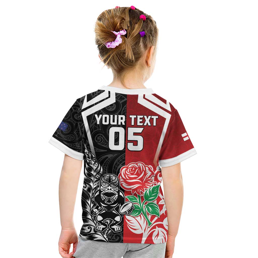 New Zealand And England Rugby Custom Kid T Shirt Maori Tiki With Red Rose Together