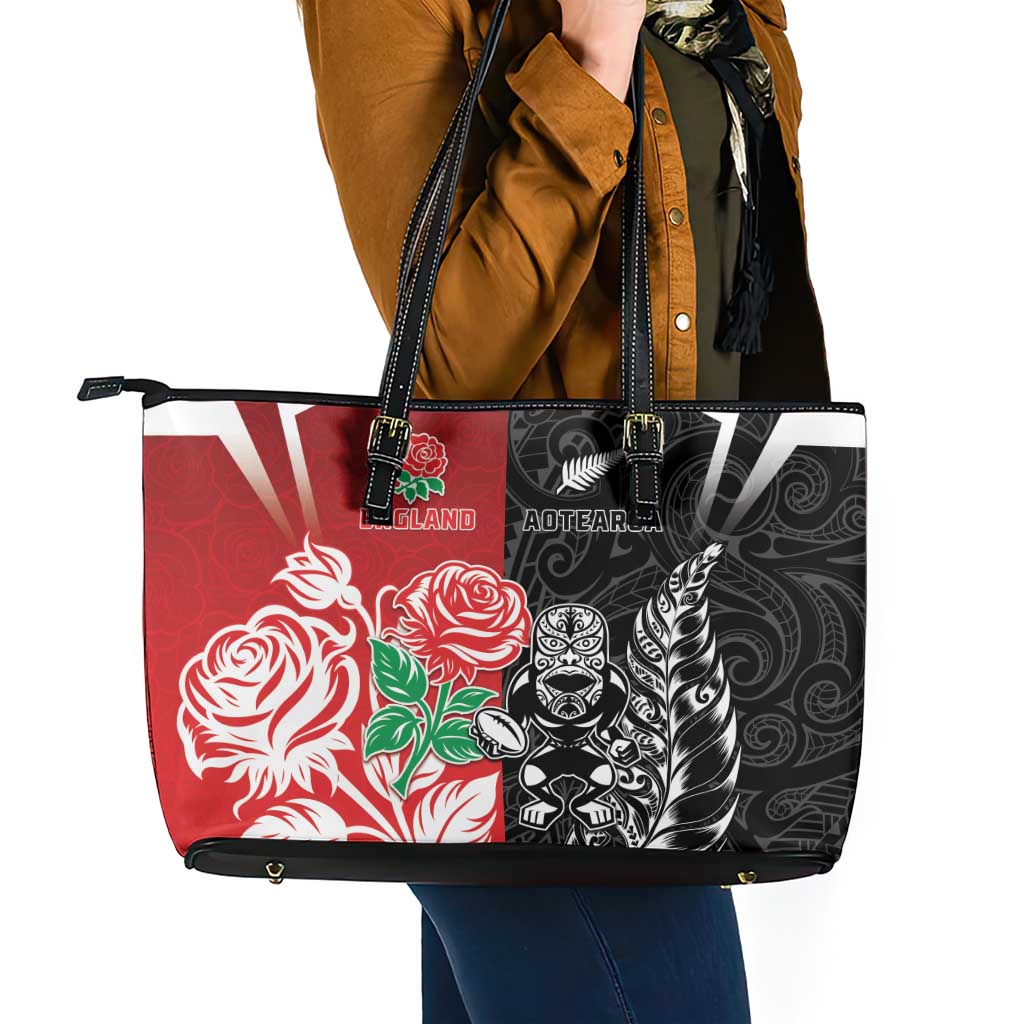 New Zealand And England Rugby Leather Tote Bag Maori Tiki With Red Rose Together