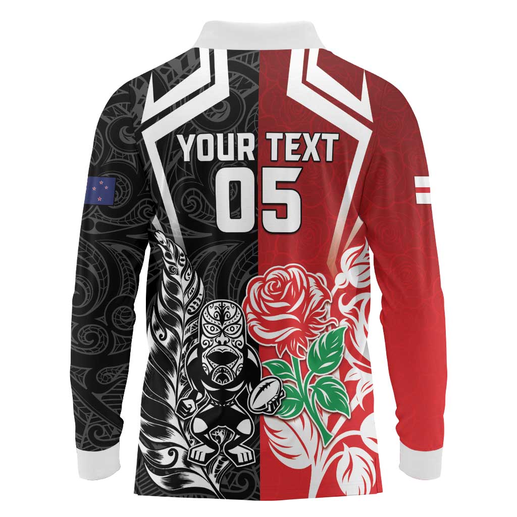 New Zealand And England Rugby Custom Long Sleeve Polo Shirt Maori Tiki With Red Rose Together