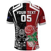 New Zealand And England Rugby Custom Polo Shirt Maori Tiki With Red Rose Together