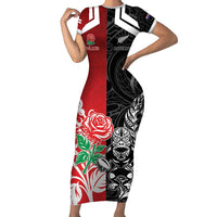 New Zealand And England Rugby Custom Short Sleeve Bodycon Dress Maori Tiki With Red Rose Together