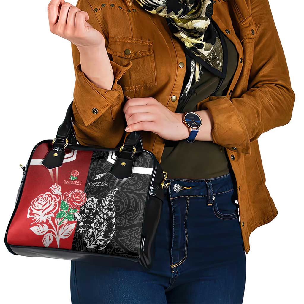 New Zealand And England Rugby Shoulder Handbag Maori Tiki With Red Rose Together
