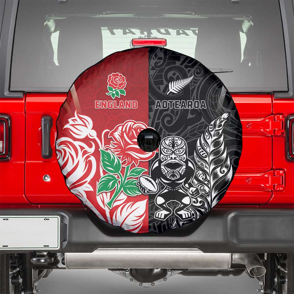 New Zealand And England Rugby Spare Tire Cover Maori Tiki With Red Rose Together