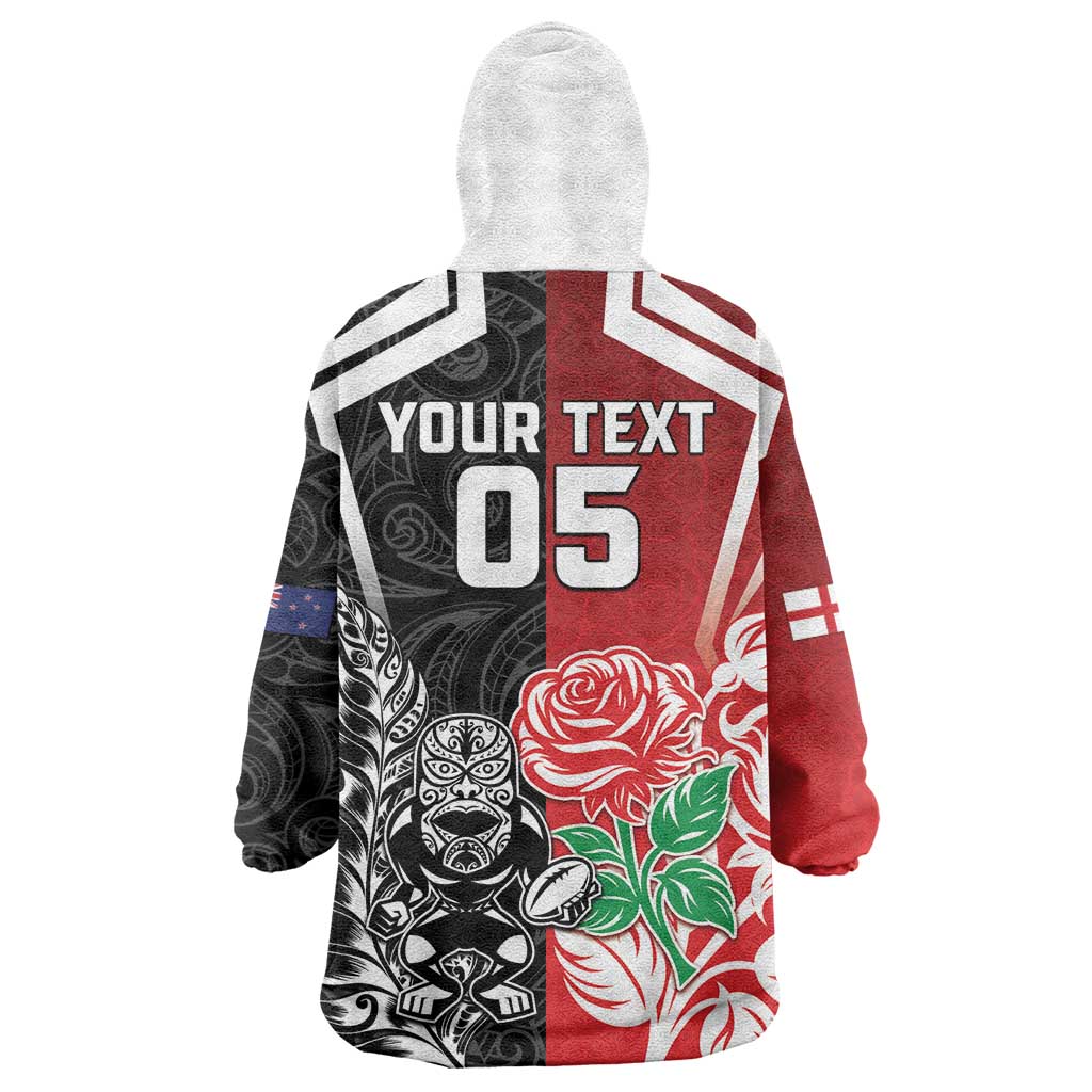 New Zealand And England Rugby Custom Wearable Blanket Hoodie Maori Tiki With Red Rose Together