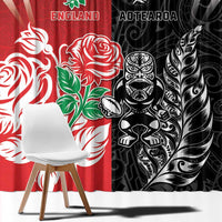 New Zealand And England Rugby Window Curtain Maori Tiki With Red Rose Together