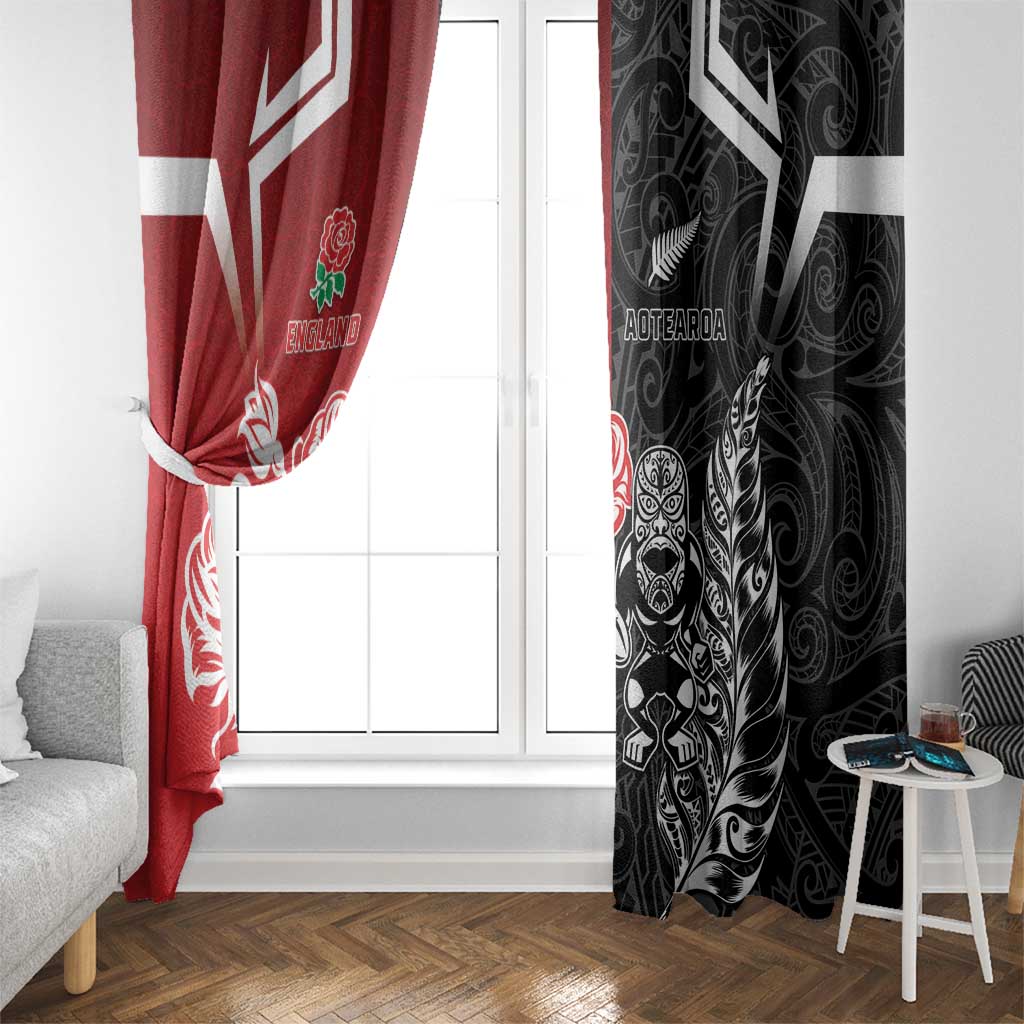 New Zealand And England Rugby Window Curtain Maori Tiki With Red Rose Together