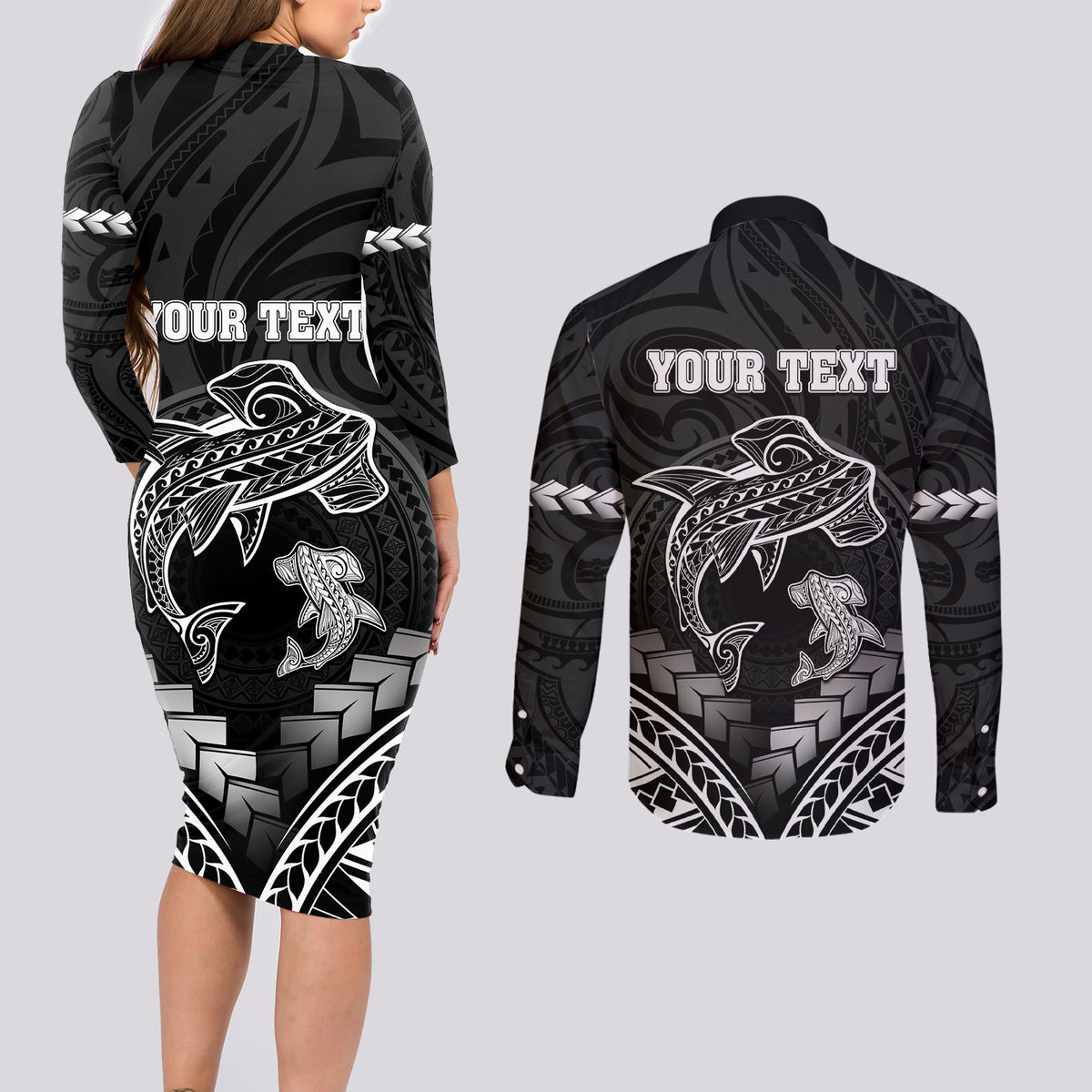 Personalised Happy Father's Day Couples Matching Long Sleeve Bodycon Dress and Long Sleeve Button Shirt I Love You Dad Polynesian Style