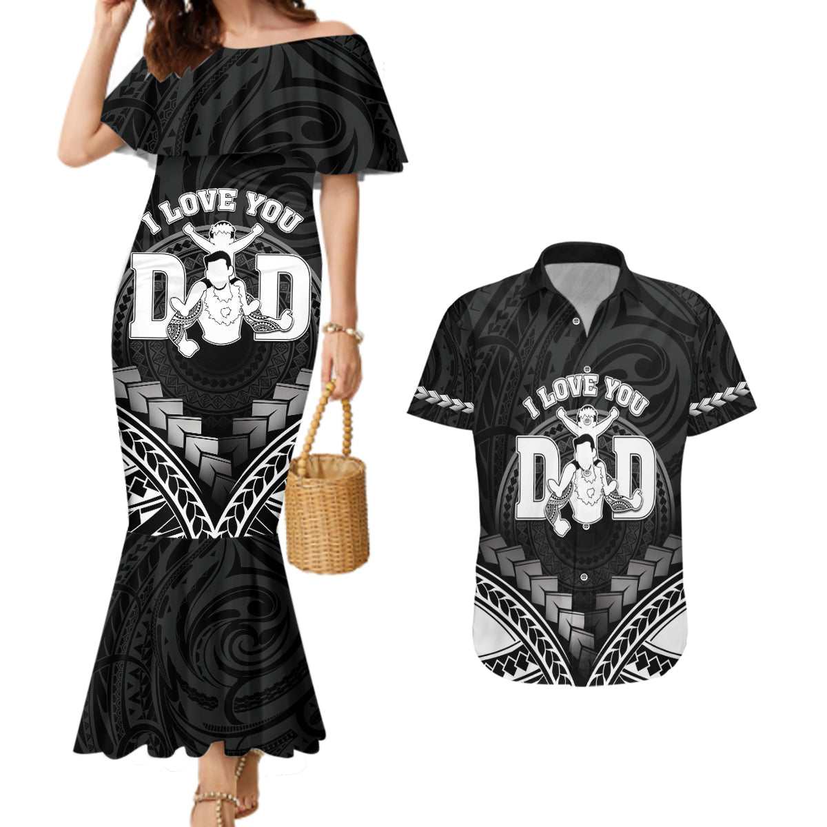 Personalised Happy Father's Day Couples Matching Mermaid Dress and Hawaiian Shirt I Love You Dad Polynesian Style