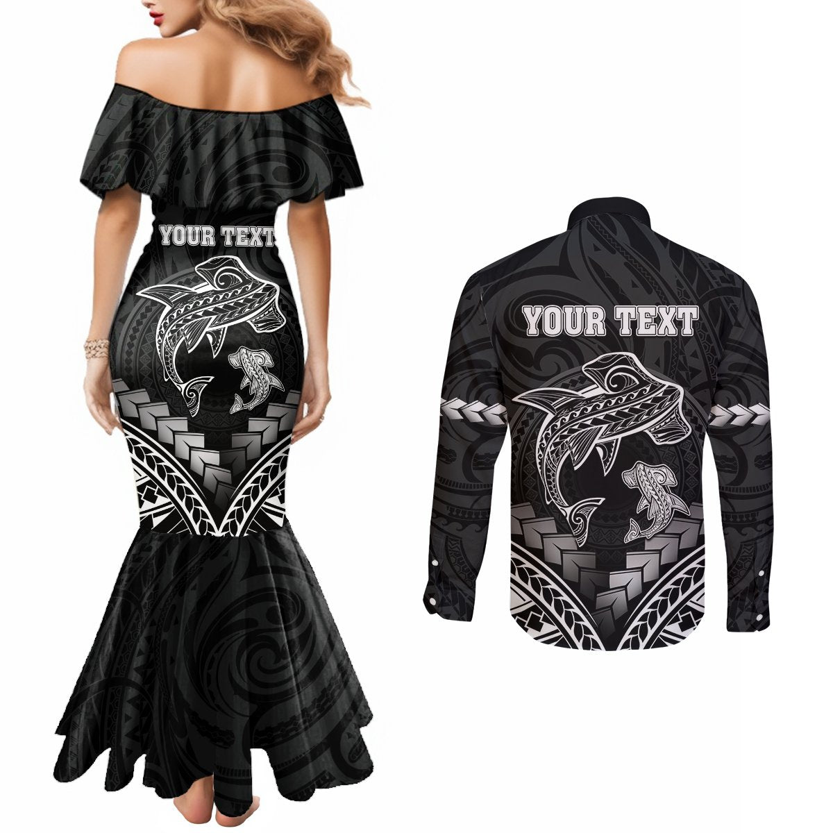 Personalised Happy Father's Day Couples Matching Mermaid Dress and Long Sleeve Button Shirt I Love You Dad Polynesian Style