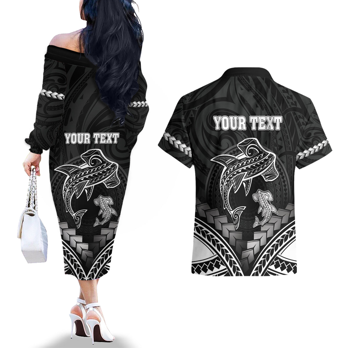 Personalised Happy Father's Day Couples Matching Off The Shoulder Long Sleeve Dress and Hawaiian Shirt I Love You Dad Polynesian Style