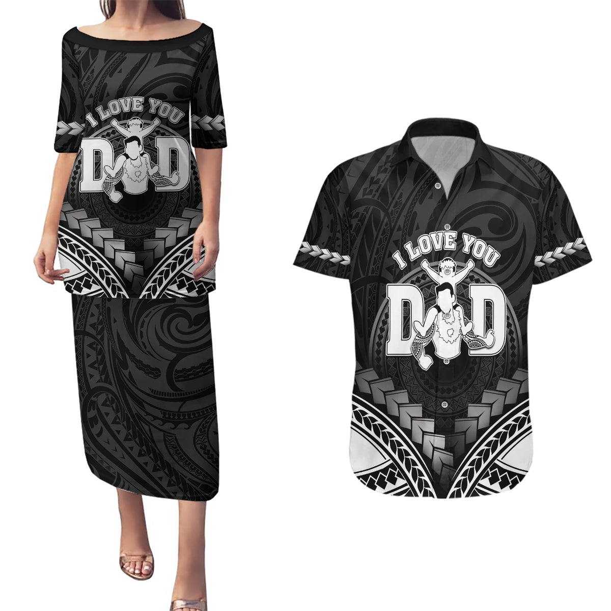 Personalised Happy Father's Day Couples Matching Puletasi and Hawaiian Shirt I Love You Dad Polynesian Style