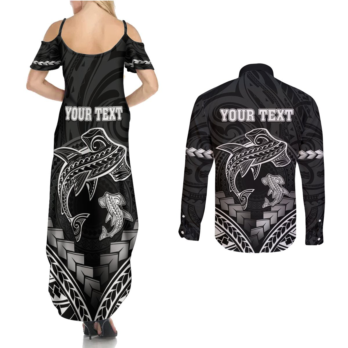 Personalised Happy Father's Day Couples Matching Summer Maxi Dress and Long Sleeve Button Shirt I Love You Dad Polynesian Style