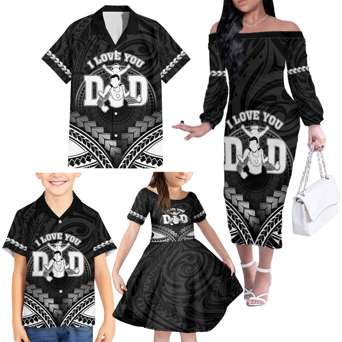 Personalised Happy Father's Day Family Matching Off The Shoulder Long Sleeve Dress and Hawaiian Shirt I Love You Dad Polynesian Style LT05 - Polynesian Pride