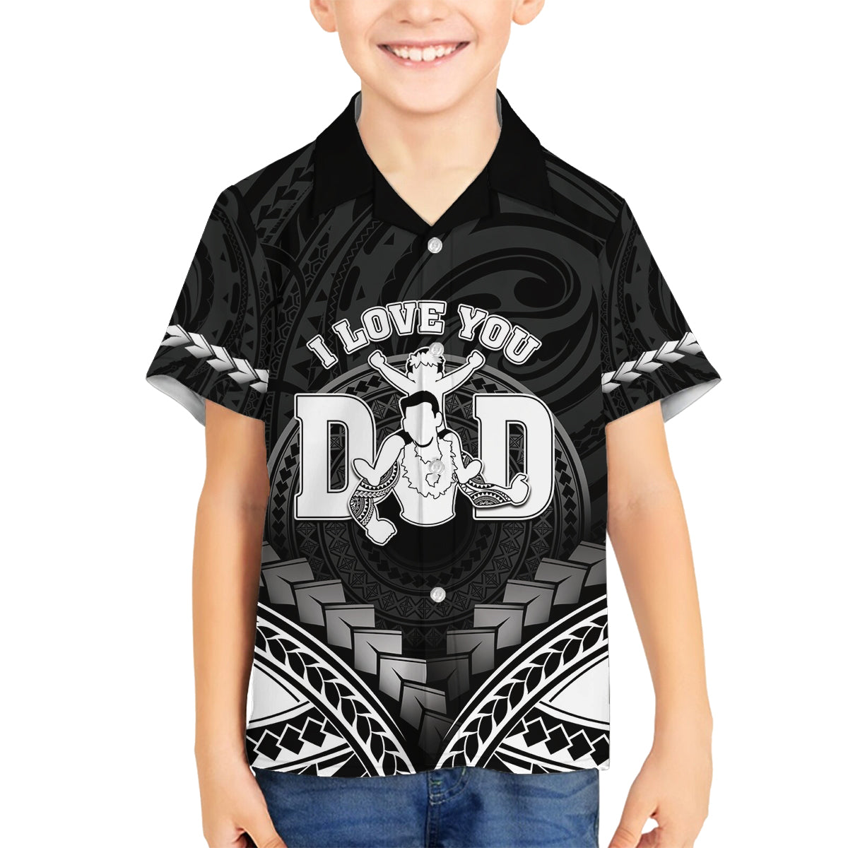 Personalised Happy Father's Day Family Matching Off The Shoulder Long Sleeve Dress and Hawaiian Shirt I Love You Dad Polynesian Style