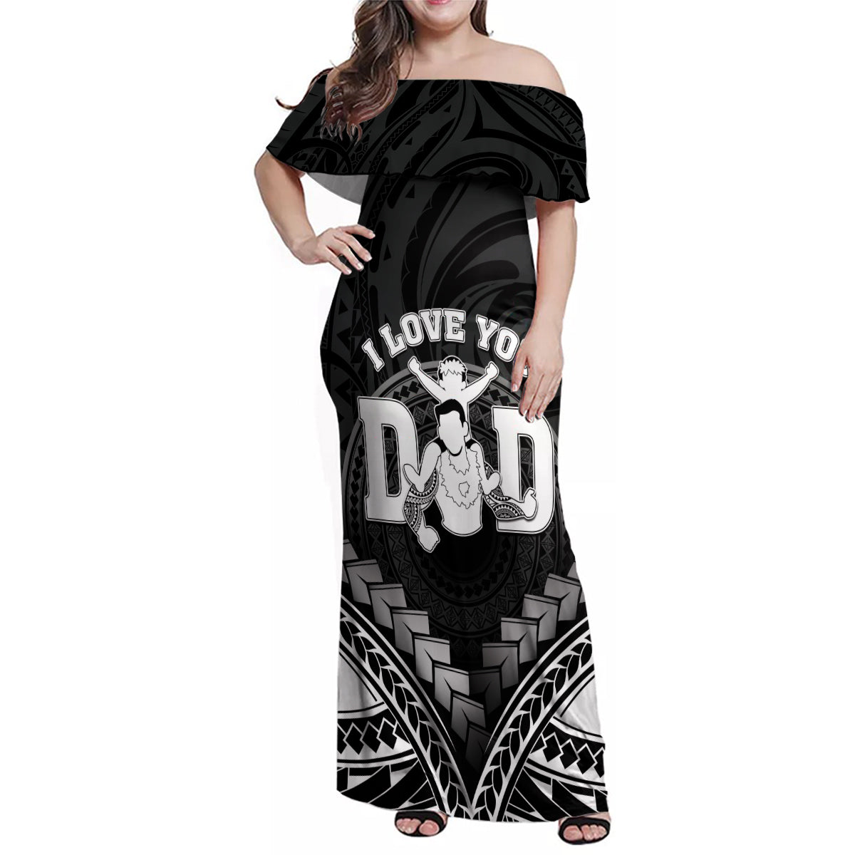 Personalised Happy Father's Day Family Matching Off Shoulder Maxi Dress and Hawaiian Shirt I Love You Dad Polynesian Style