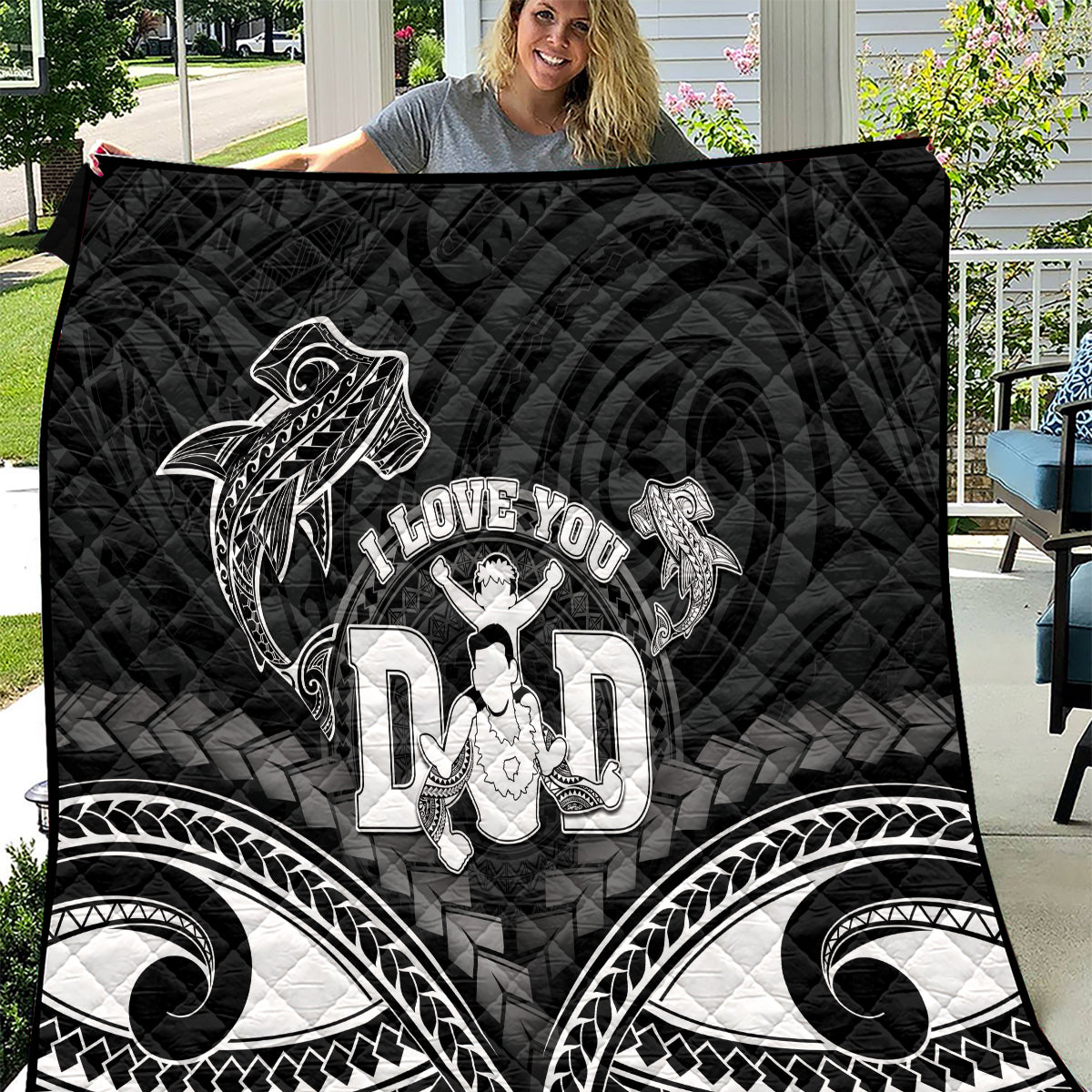 Happy Father's Day Quilt I Love You Dad Polynesian Style LT05 Black - Polynesian Pride