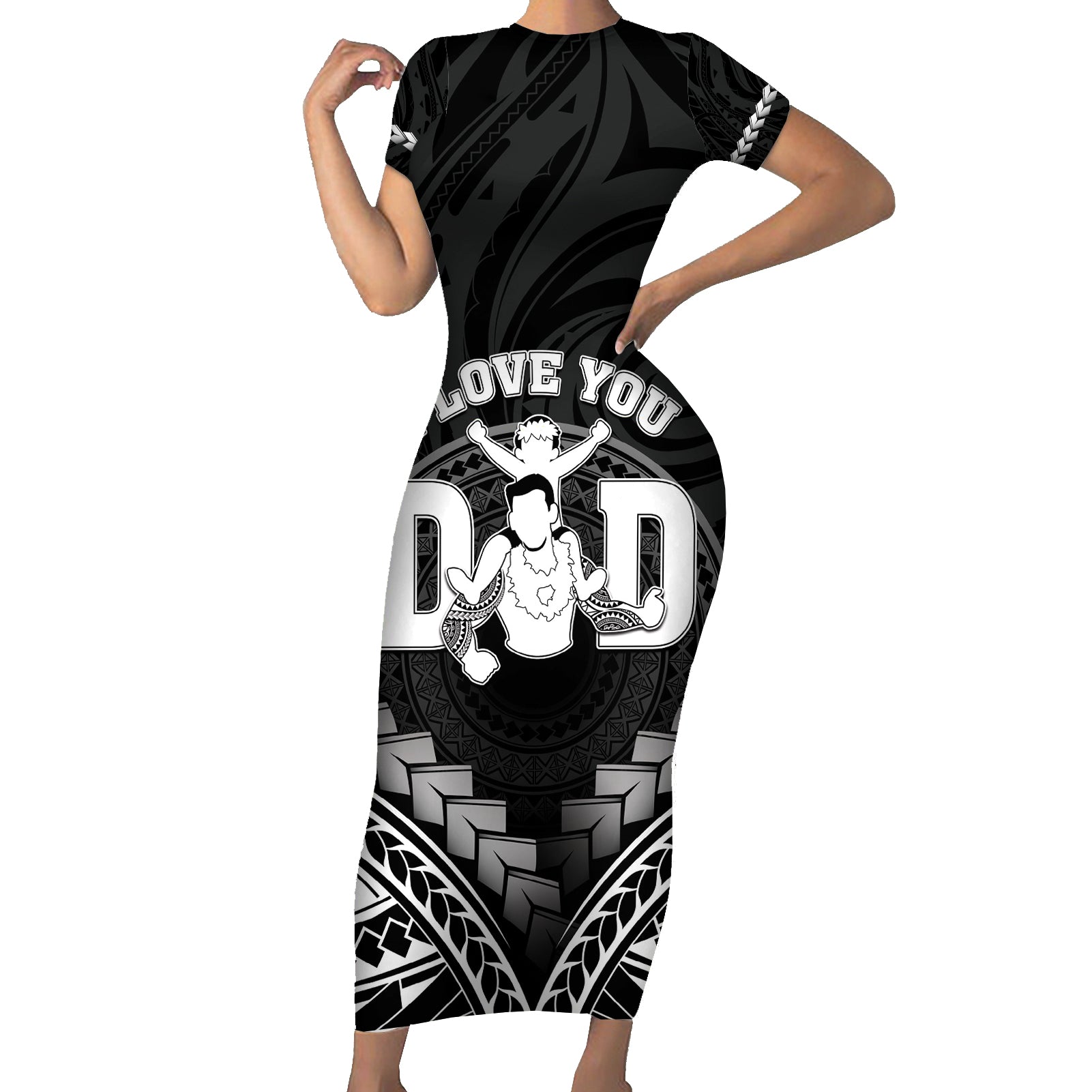 Personalised Happy Father's Day Short Sleeve Bodycon Dress I Love You Dad Polynesian Style