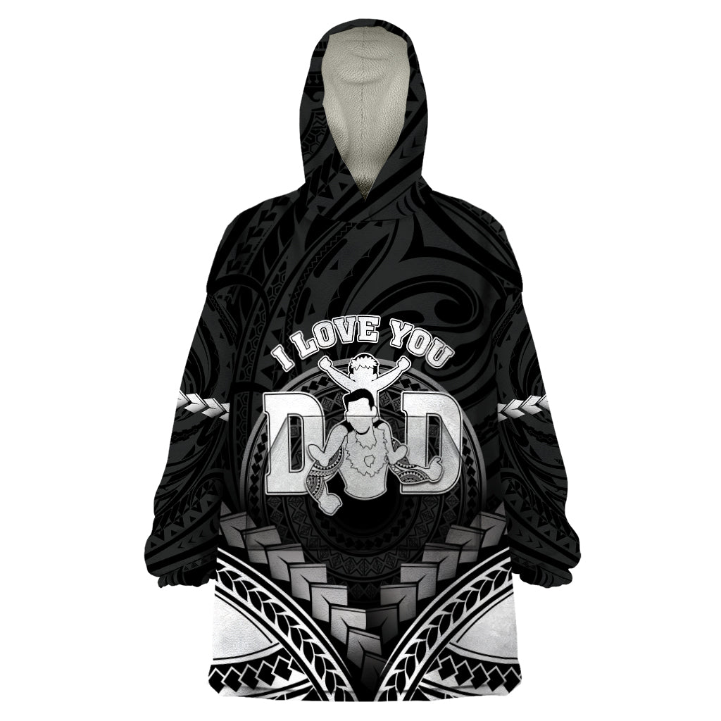 Personalised Happy Father's Day Wearable Blanket Hoodie I Love You Dad Polynesian Style LT05 One Size Black - Polynesian Pride