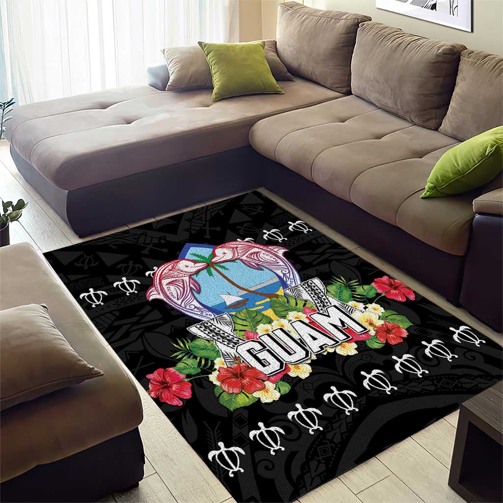 Guam Chamorro Area Rug Tribal Latte Stone With Dolphins Black