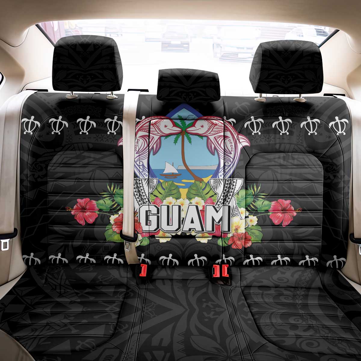 Guam Chamorro Back Car Seat Cover Tribal Latte Stone With Dolphins Black