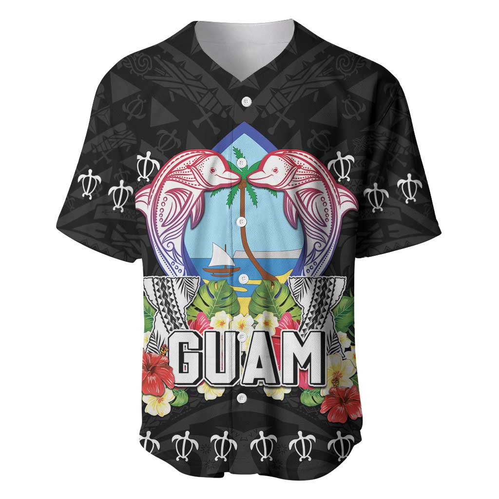 Guam Chamorro Baseball Jersey Tribal Latte Stone With Dolphins Black