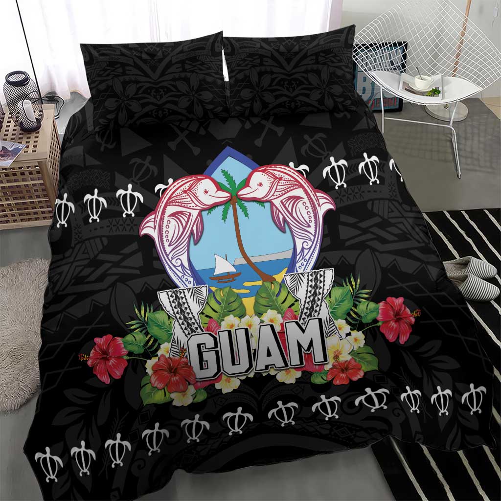 Guam Chamorro Bedding Set Tribal Latte Stone With Dolphins Black