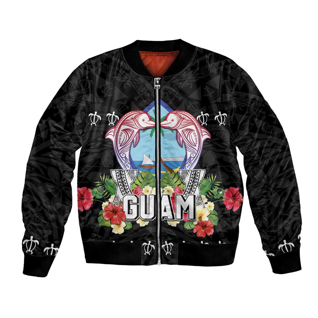 Guam Chamorro Bomber Jacket Tribal Latte Stone With Dolphins Black LT05 Unisex Black - Polynesian Pride