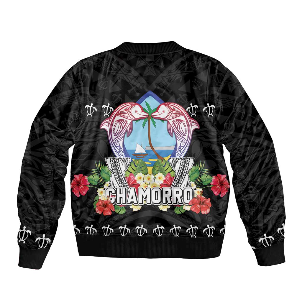 Guam Chamorro Bomber Jacket Tribal Latte Stone With Dolphins Black LT05 - Polynesian Pride