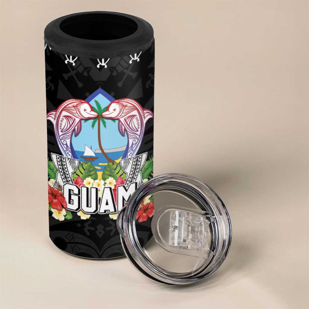 Guam Chamorro 4 in 1 Can Cooler Tumbler Tribal Latte Stone With Dolphins Black