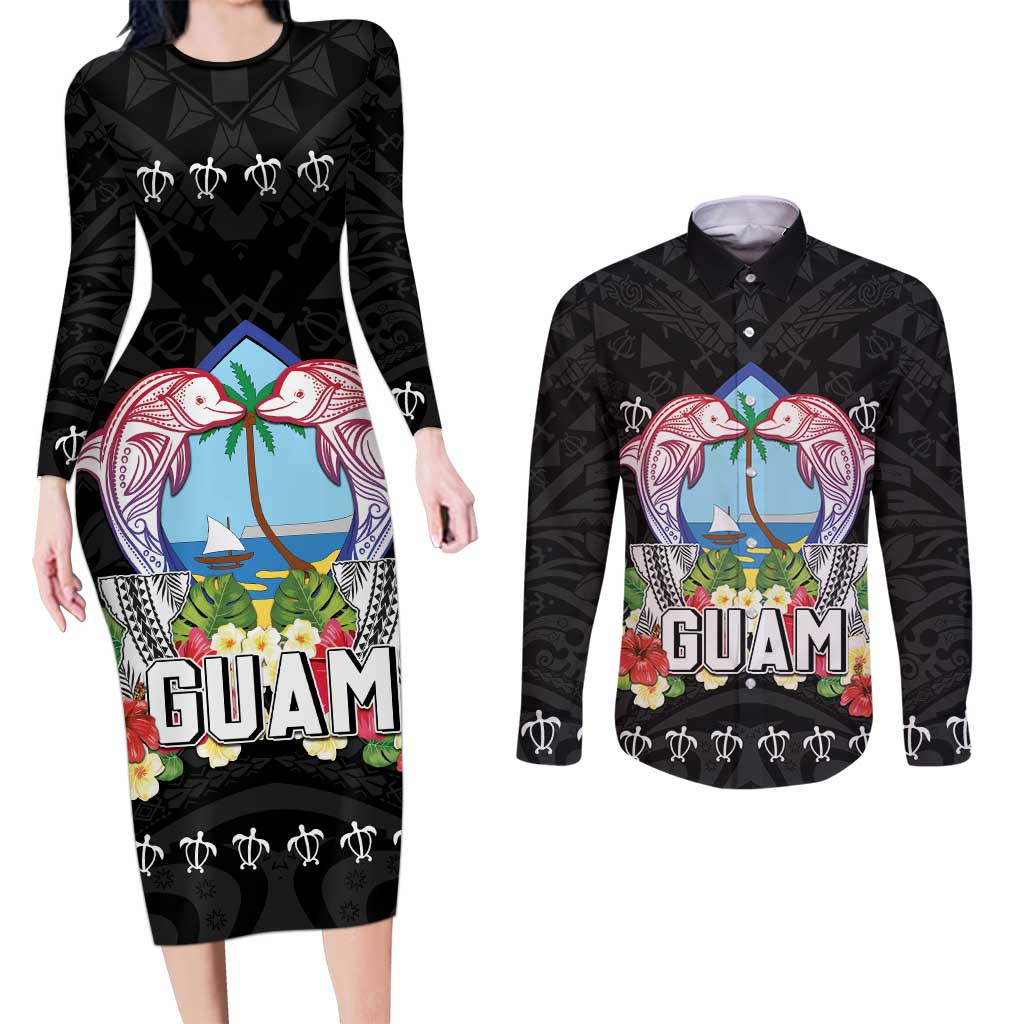 Guam Chamorro Couples Matching Long Sleeve Bodycon Dress and Long Sleeve Button Shirt Tribal Latte Stone With Dolphins Black