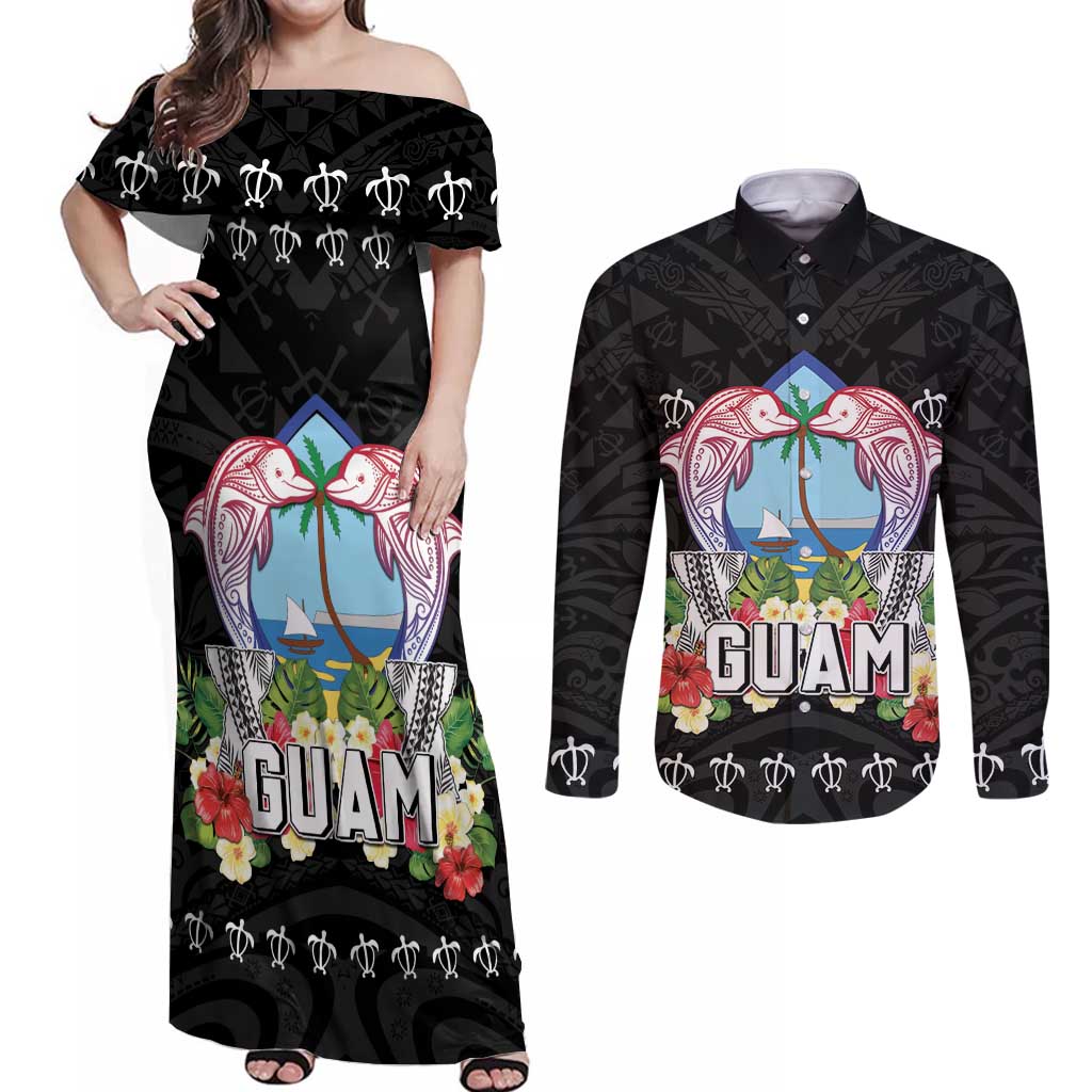 Guam Chamorro Couples Matching Off Shoulder Maxi Dress and Long Sleeve Button Shirt Tribal Latte Stone With Dolphins Black
