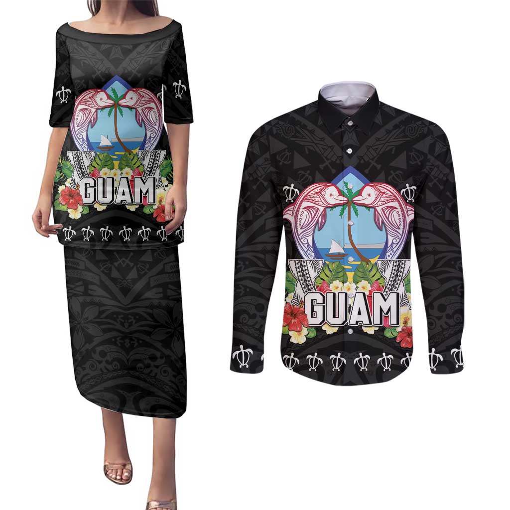 Guam Chamorro Couples Matching Puletasi and Long Sleeve Button Shirt Tribal Latte Stone With Dolphins Black