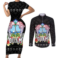 Guam Chamorro Couples Matching Short Sleeve Bodycon Dress and Long Sleeve Button Shirt Tribal Latte Stone With Dolphins Black