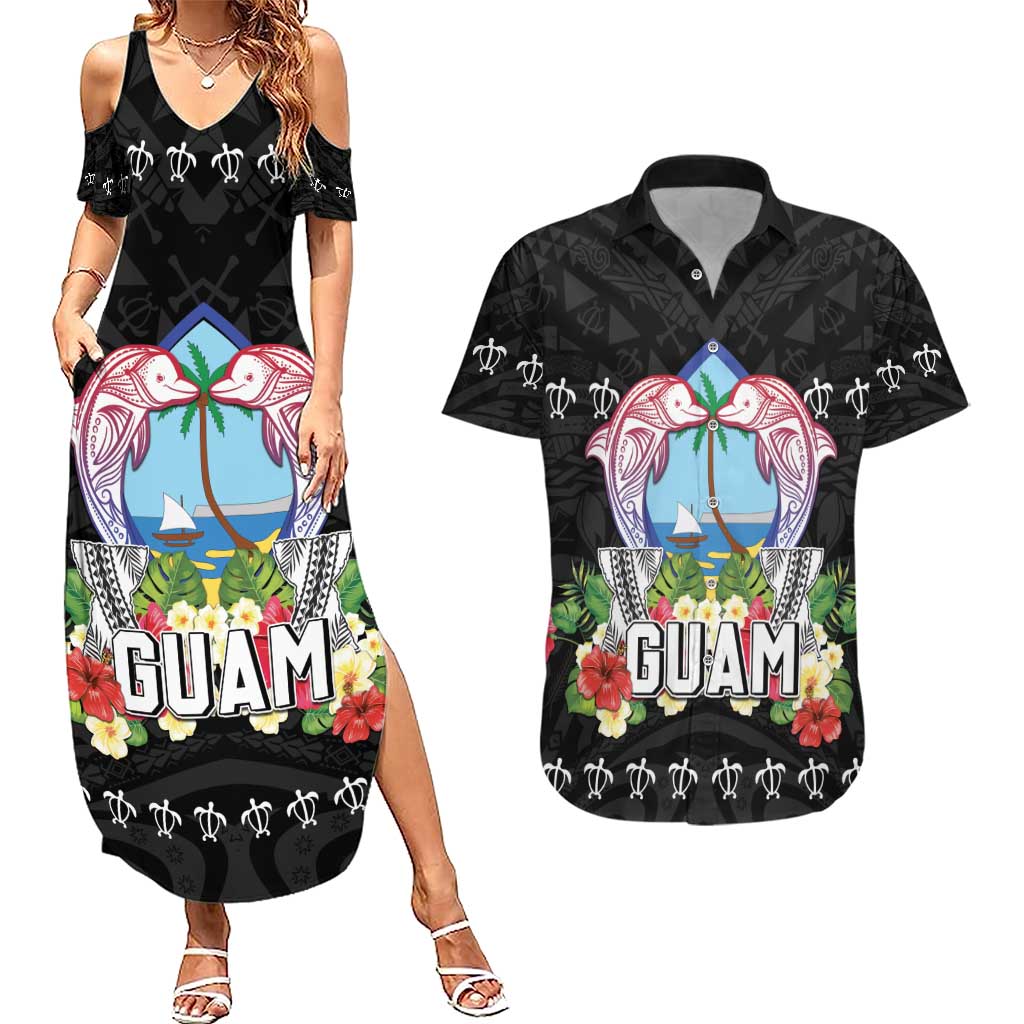 Guam Chamorro Couples Matching Summer Maxi Dress and Hawaiian Shirt Tribal Latte Stone With Dolphins Black LT05 Black - Polynesian Pride