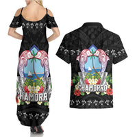 Guam Chamorro Couples Matching Summer Maxi Dress and Hawaiian Shirt Tribal Latte Stone With Dolphins Black LT05 - Polynesian Pride