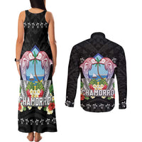 Guam Chamorro Couples Matching Tank Maxi Dress and Long Sleeve Button Shirt Tribal Latte Stone With Dolphins Black