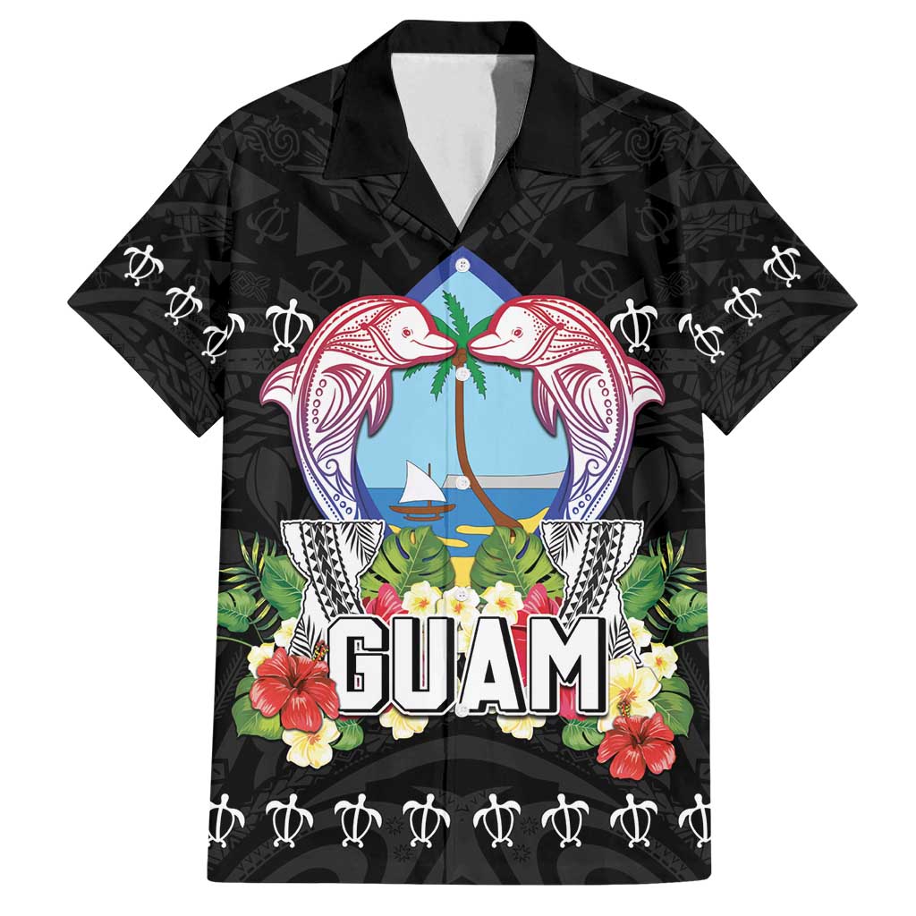 Guam Chamorro Family Matching Long Sleeve Bodycon Dress and Hawaiian Shirt Tribal Latte Stone With Dolphins Black