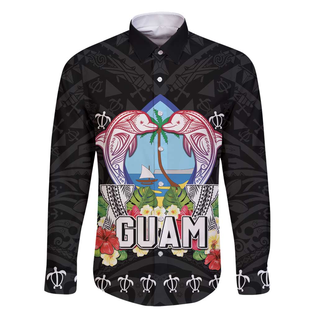Guam Chamorro Family Matching Long Sleeve Bodycon Dress and Hawaiian Shirt Tribal Latte Stone With Dolphins Black