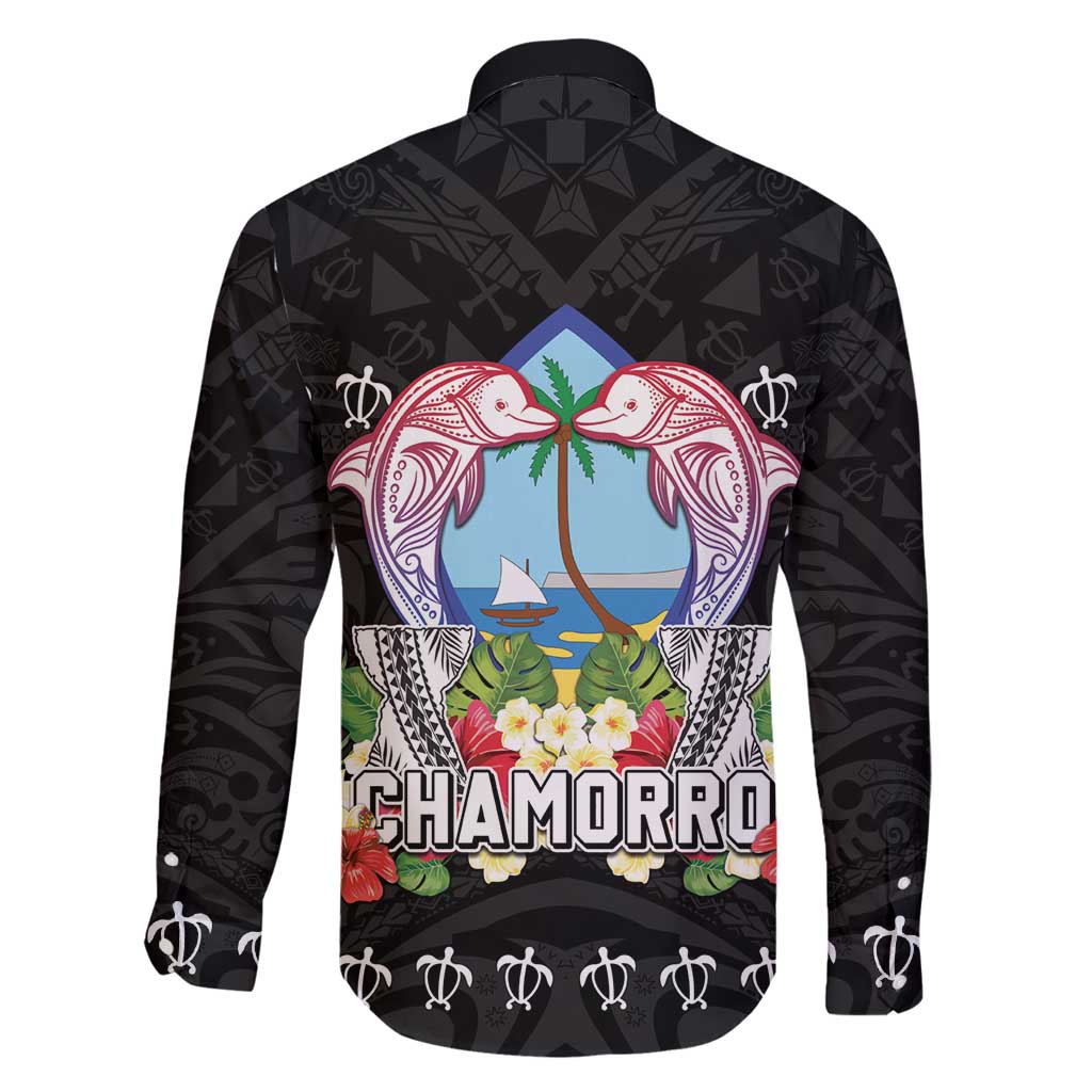 Guam Chamorro Family Matching Long Sleeve Bodycon Dress and Hawaiian Shirt Tribal Latte Stone With Dolphins Black