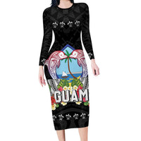 Guam Chamorro Family Matching Long Sleeve Bodycon Dress and Hawaiian Shirt Tribal Latte Stone With Dolphins Black