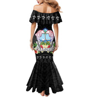 Guam Chamorro Family Matching Mermaid Dress and Hawaiian Shirt Tribal Latte Stone With Dolphins Black