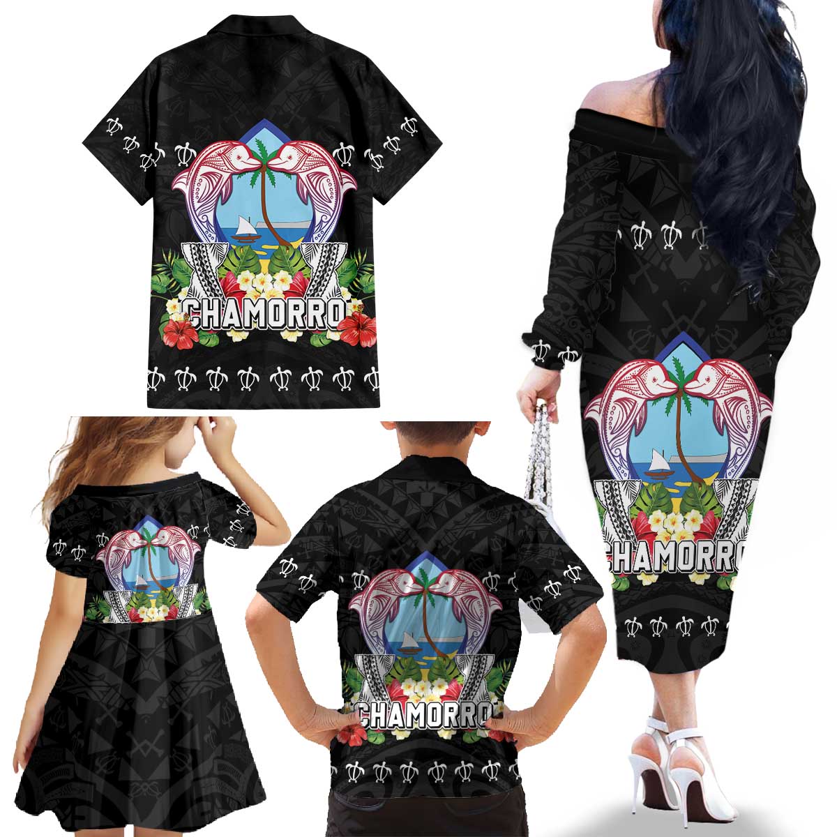 Guam Chamorro Family Matching Off The Shoulder Long Sleeve Dress and Hawaiian Shirt Tribal Latte Stone With Dolphins Black
