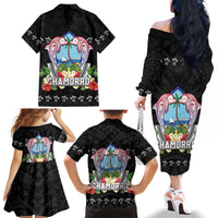 Guam Chamorro Family Matching Off The Shoulder Long Sleeve Dress and Hawaiian Shirt Tribal Latte Stone With Dolphins Black