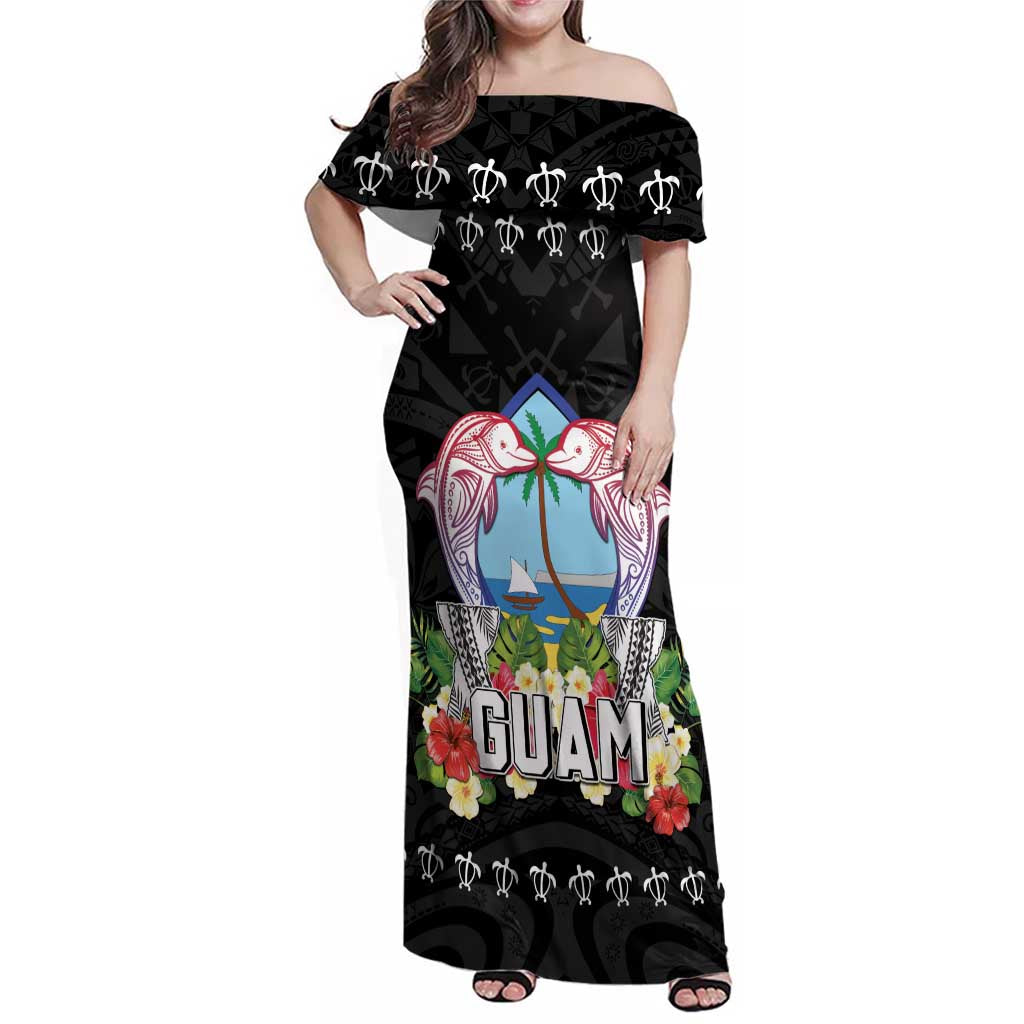 Guam Chamorro Family Matching Off Shoulder Maxi Dress and Hawaiian Shirt Tribal Latte Stone With Dolphins Black