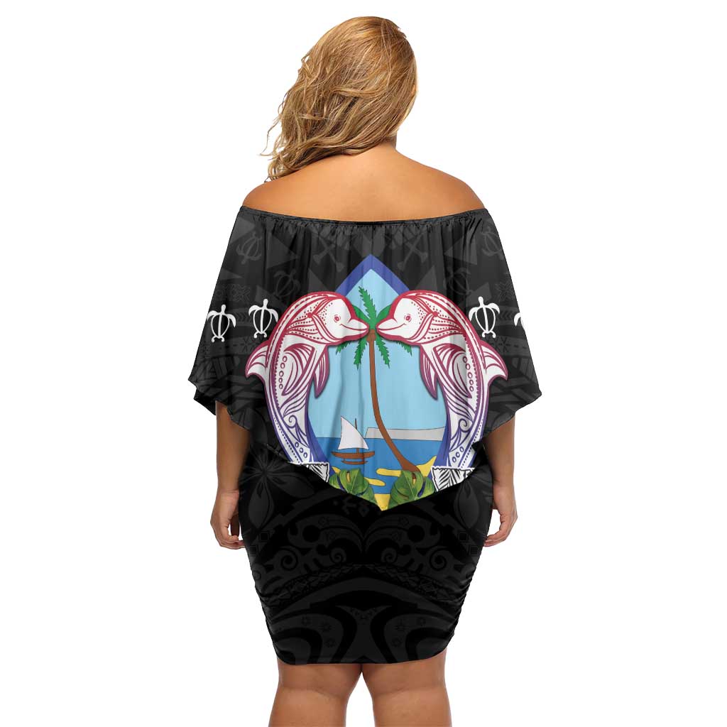 Guam Chamorro Family Matching Off Shoulder Short Dress and Hawaiian Shirt Tribal Latte Stone With Dolphins Black