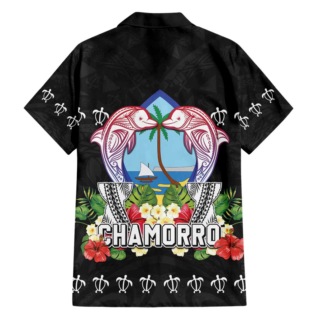 Guam Chamorro Family Matching Short Sleeve Bodycon Dress and Hawaiian Shirt Tribal Latte Stone With Dolphins Black