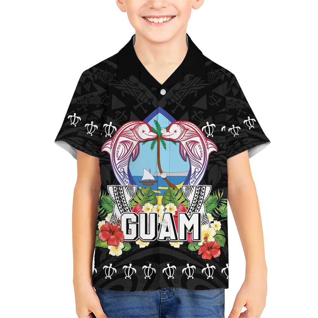 Guam Chamorro Kid Hawaiian Shirt Tribal Latte Stone With Dolphins Black