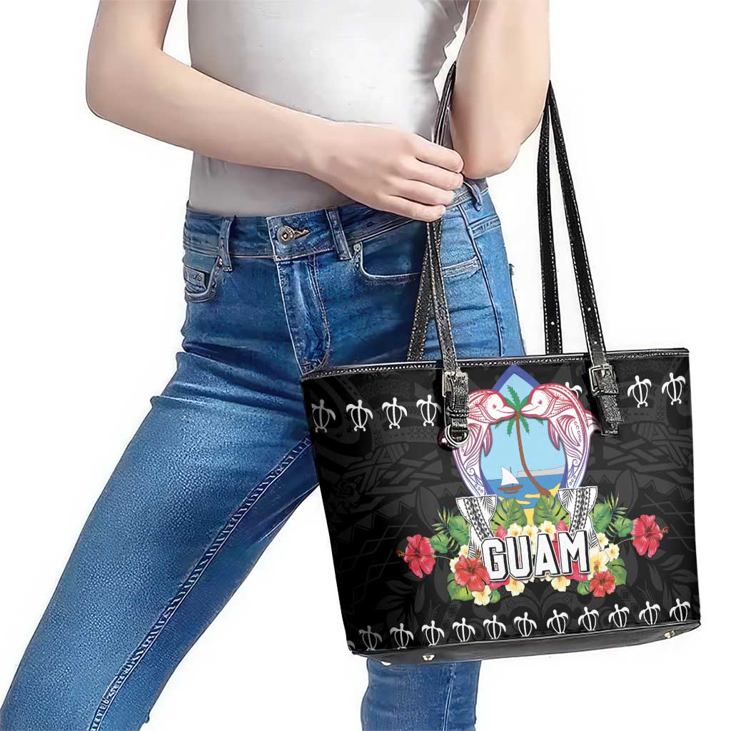 Guam Chamorro Leather Tote Bag Tribal Latte Stone With Dolphins Black